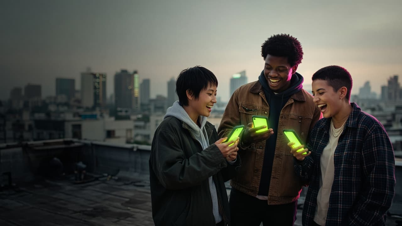 Friends on a rooftop laughing at their phones