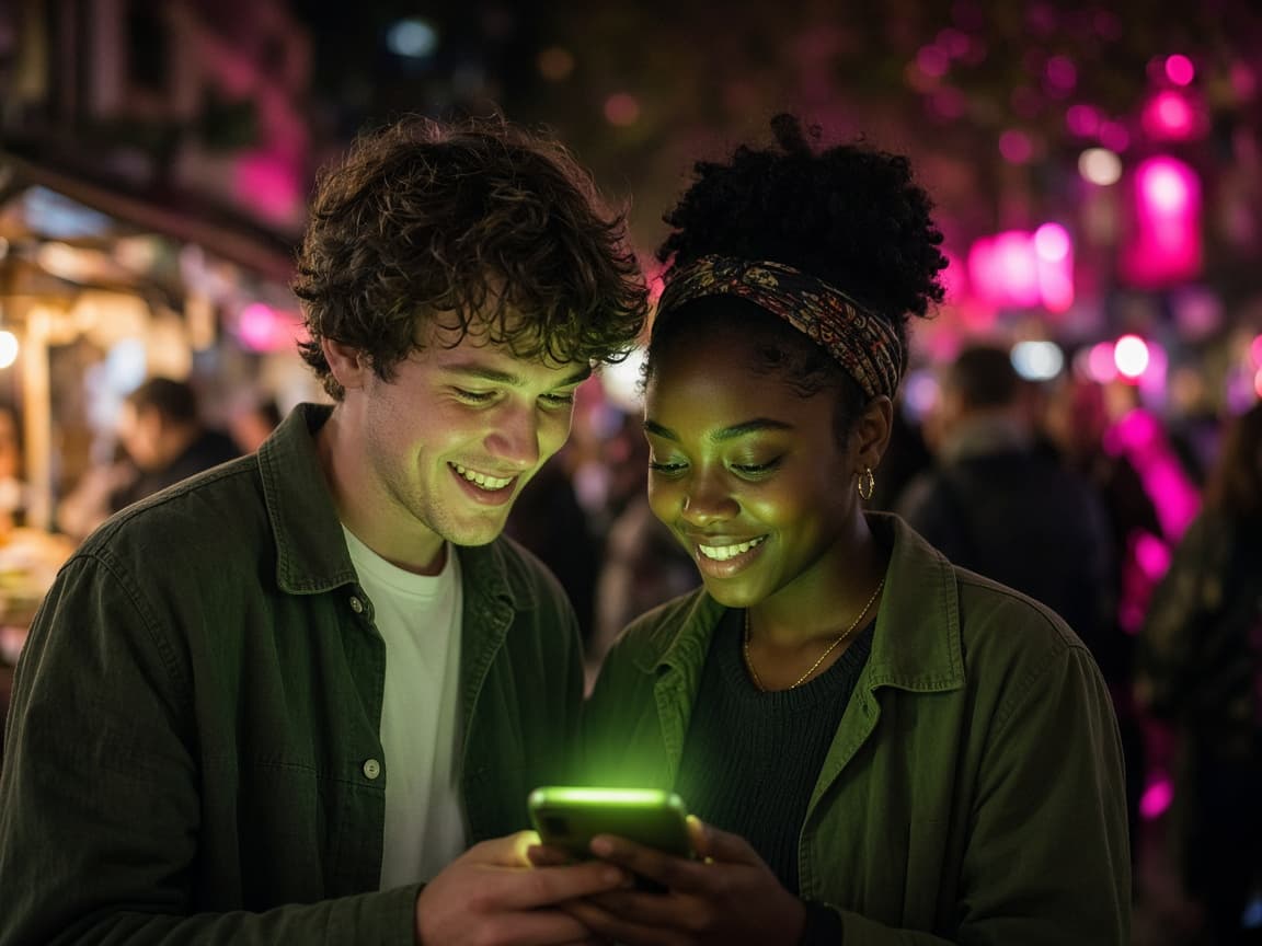 Two farmers sharing a phone at night