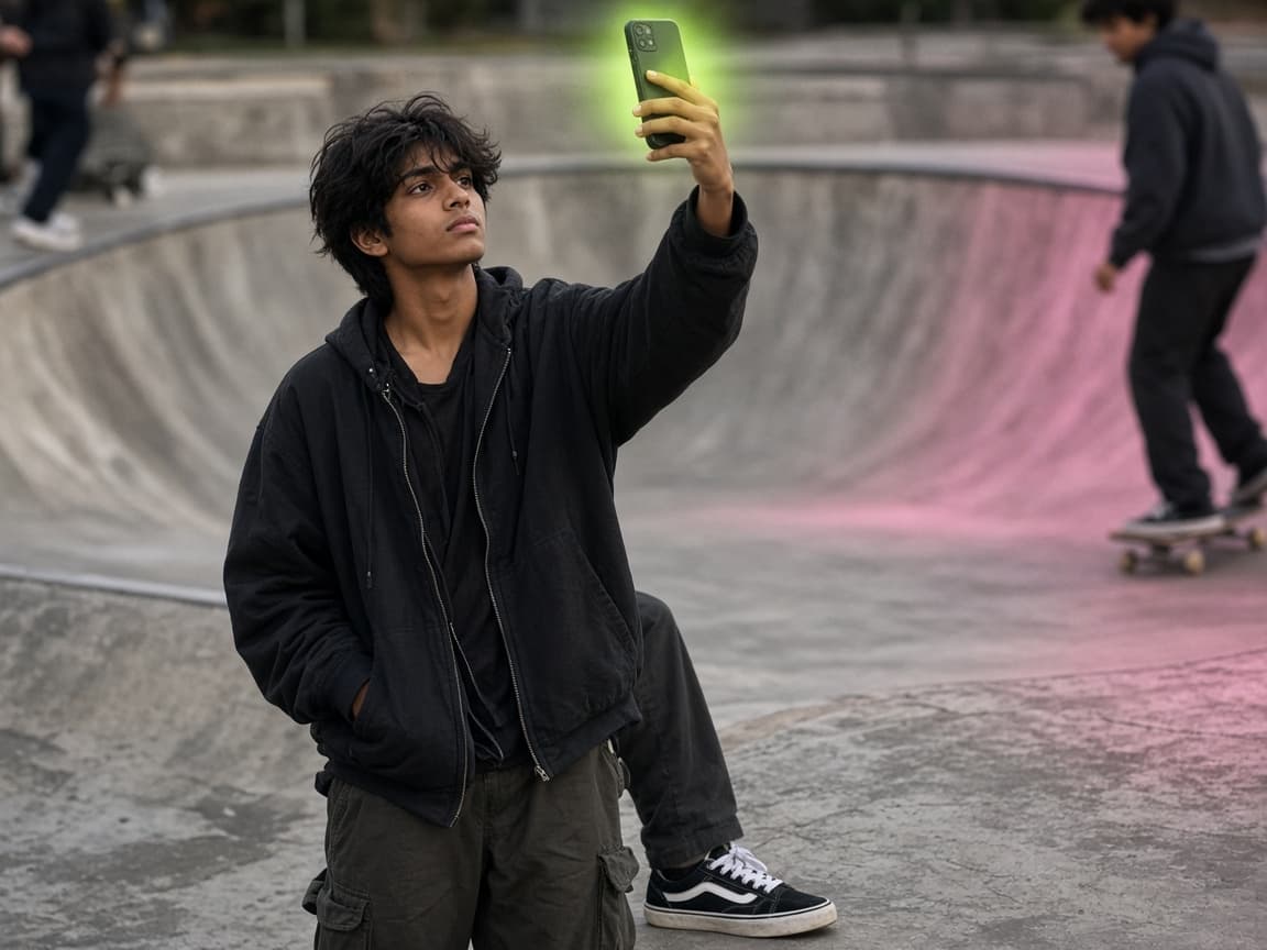 A guy filming himself at a skatepark