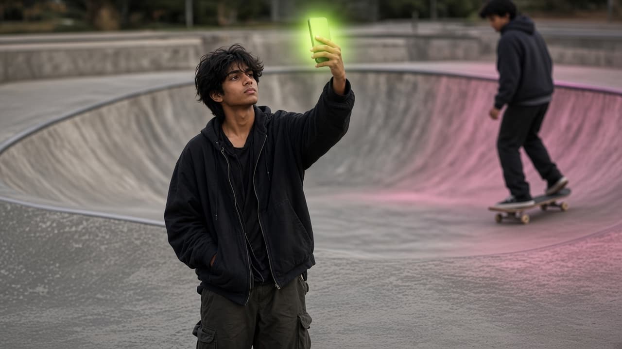 Un farmer grabando prueba en un skatepark